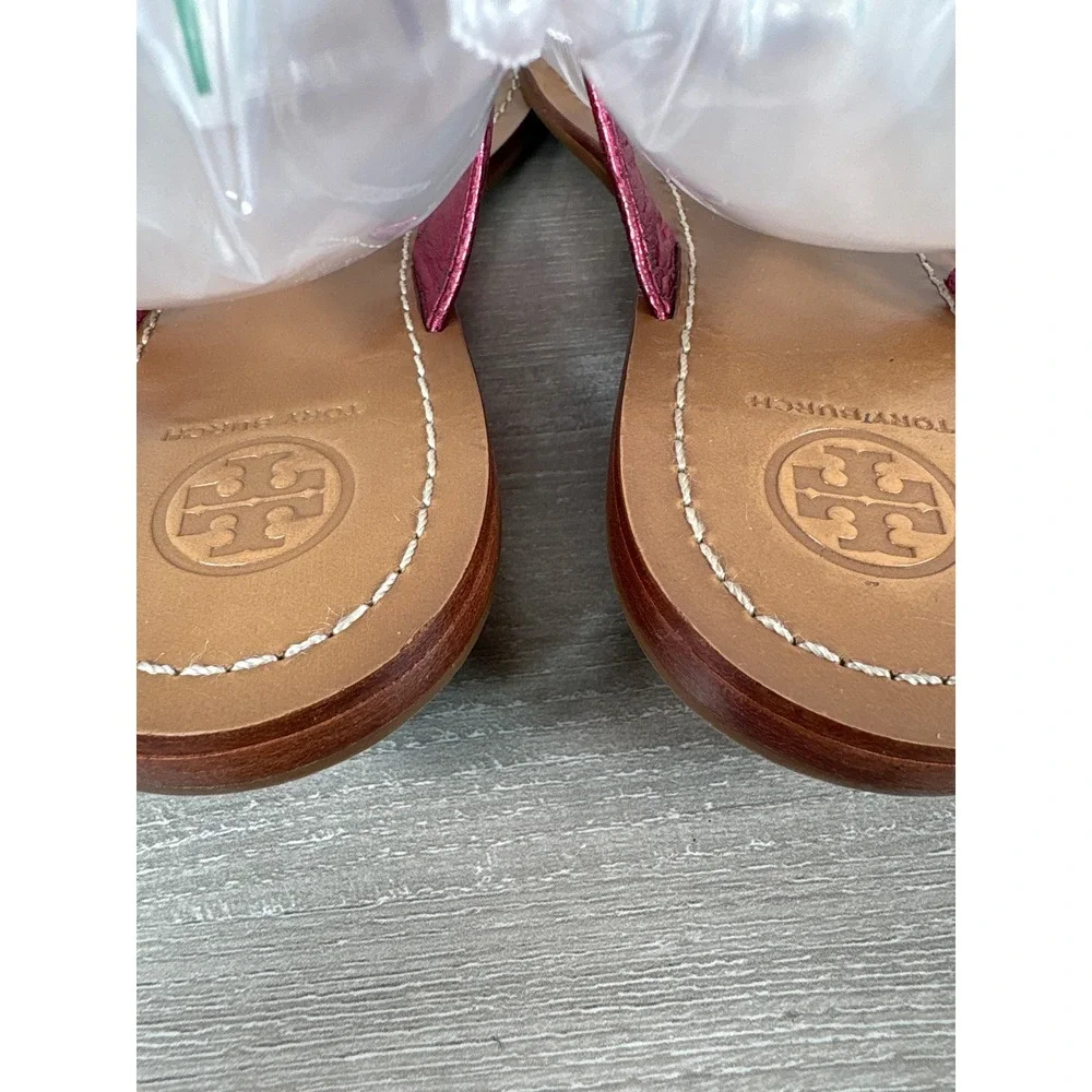 Tory Burch Cameron Metallic Pink Crackle Leather Thong Logo Sandals Womens 9.5M